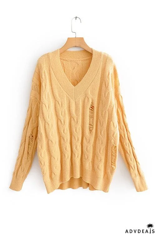 Ripped V Neck Sweater