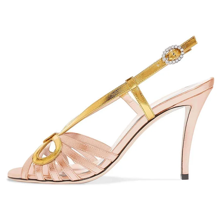 Gold and Champagne Slingback Heels Sandals |FSJ Shoes