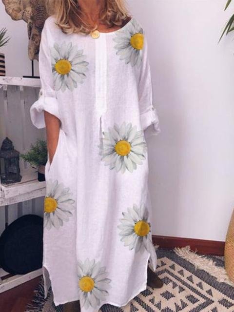 Plus Size Crew Neck Floral Cotton And Linen Casual Dress-Mayoulove