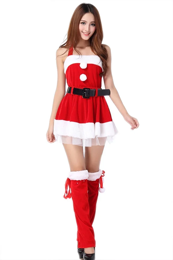 Red Pretty Ladies Christmas Halter Pleuche Santa Costume-elleschic