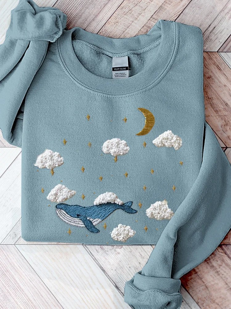 Whale Pattern Embroidery Art Cozy Sweatshirt