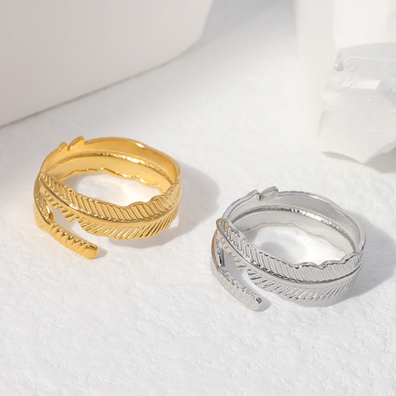 Women Niche Feather Stainless Steel Electroplating Rings