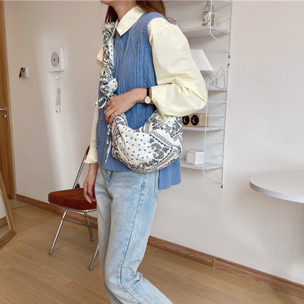 

Ethnic Style Printed Crossbody Bag Canvas Pleated Shoulder Handbag, White, 501 Original