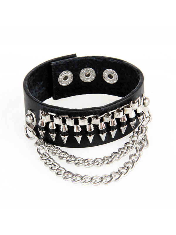 Rivets Layered Chain Decoration PU Bracelet