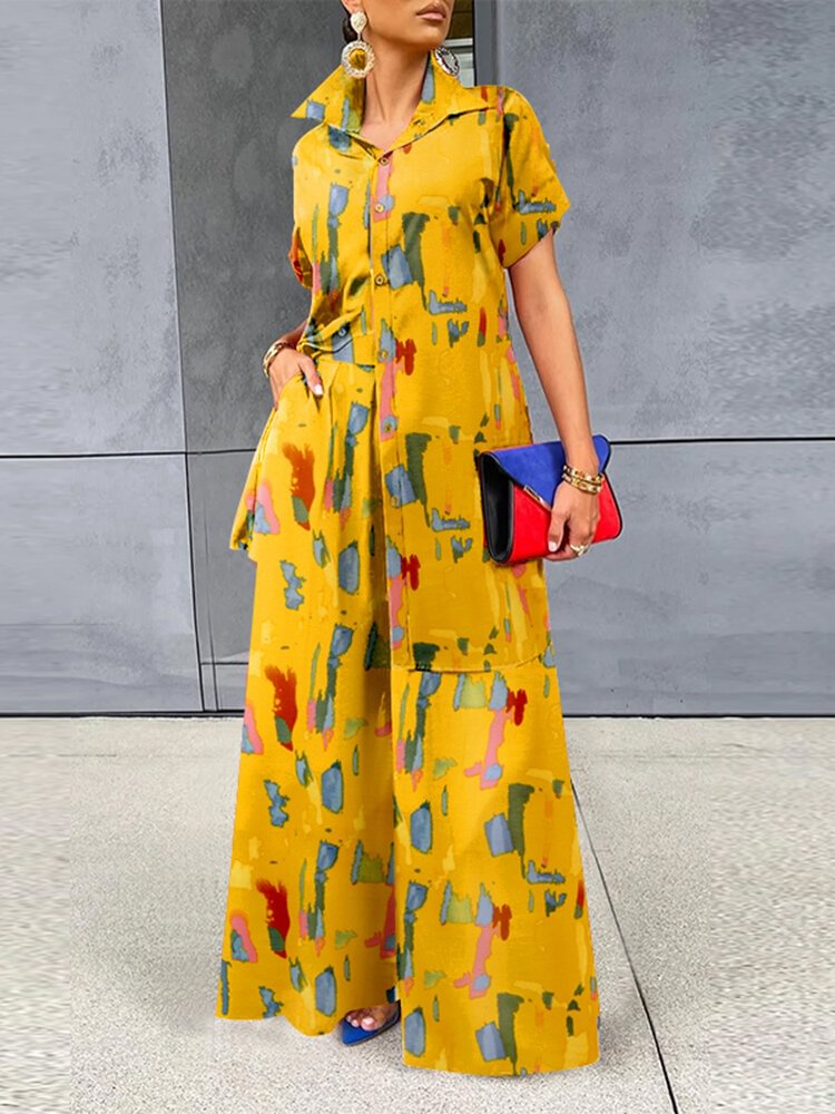 Brush Print Lapel Pocket Short Sleeve Wide Leg Two Pieces Suit - Shop Trendy Women's Fashion | TeeYours