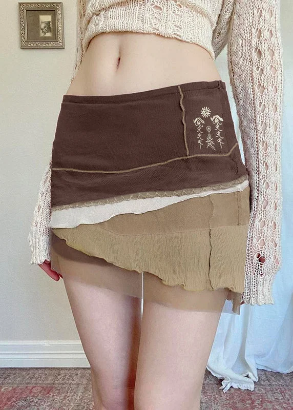 Women Brown Asymmetrical Embroideried Tulle Patchwork Skirt Summer
