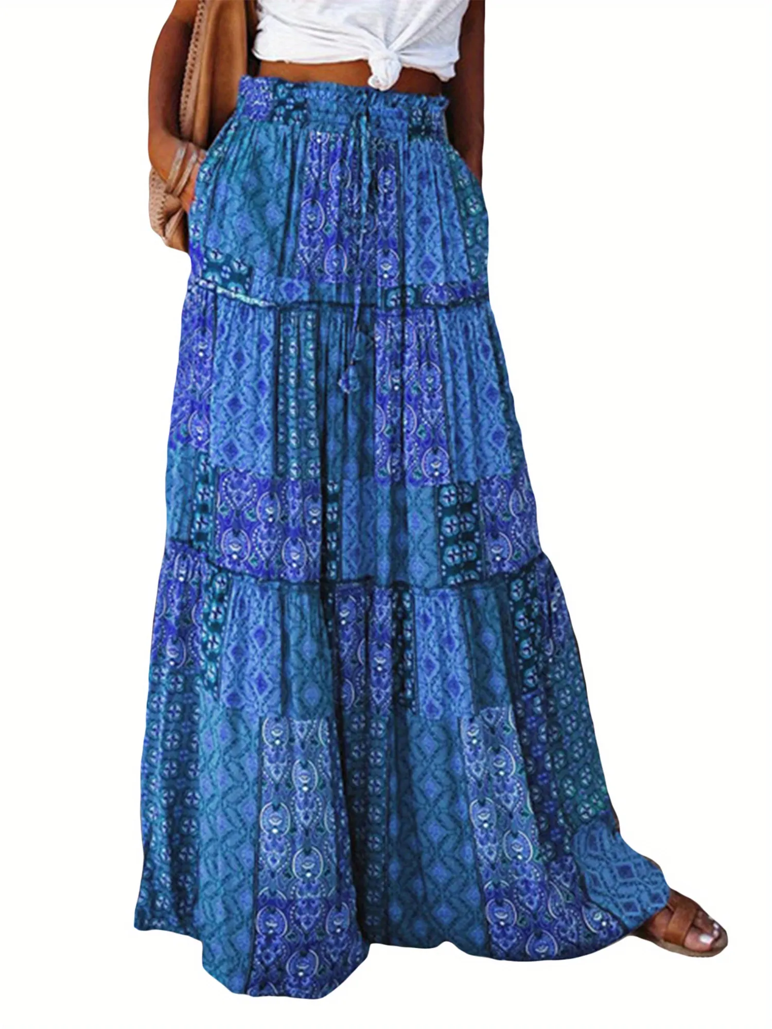 Lightweight polyester womens high-waist A-line tiered skirt vintage floral print ruffled | IFYHOME
