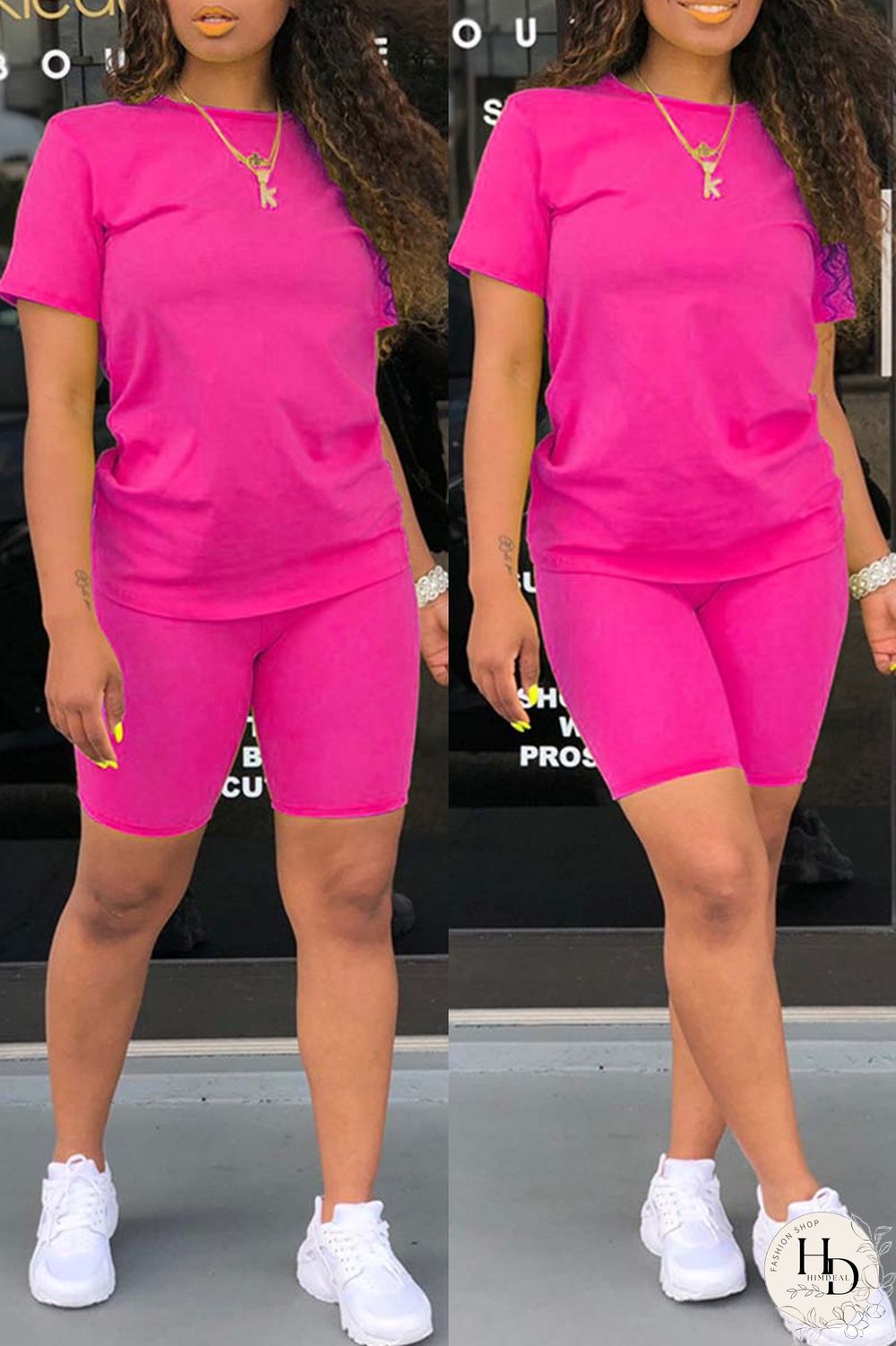 Yellow Casual Solid Basic O Neck Short Sleeve Two Pieces