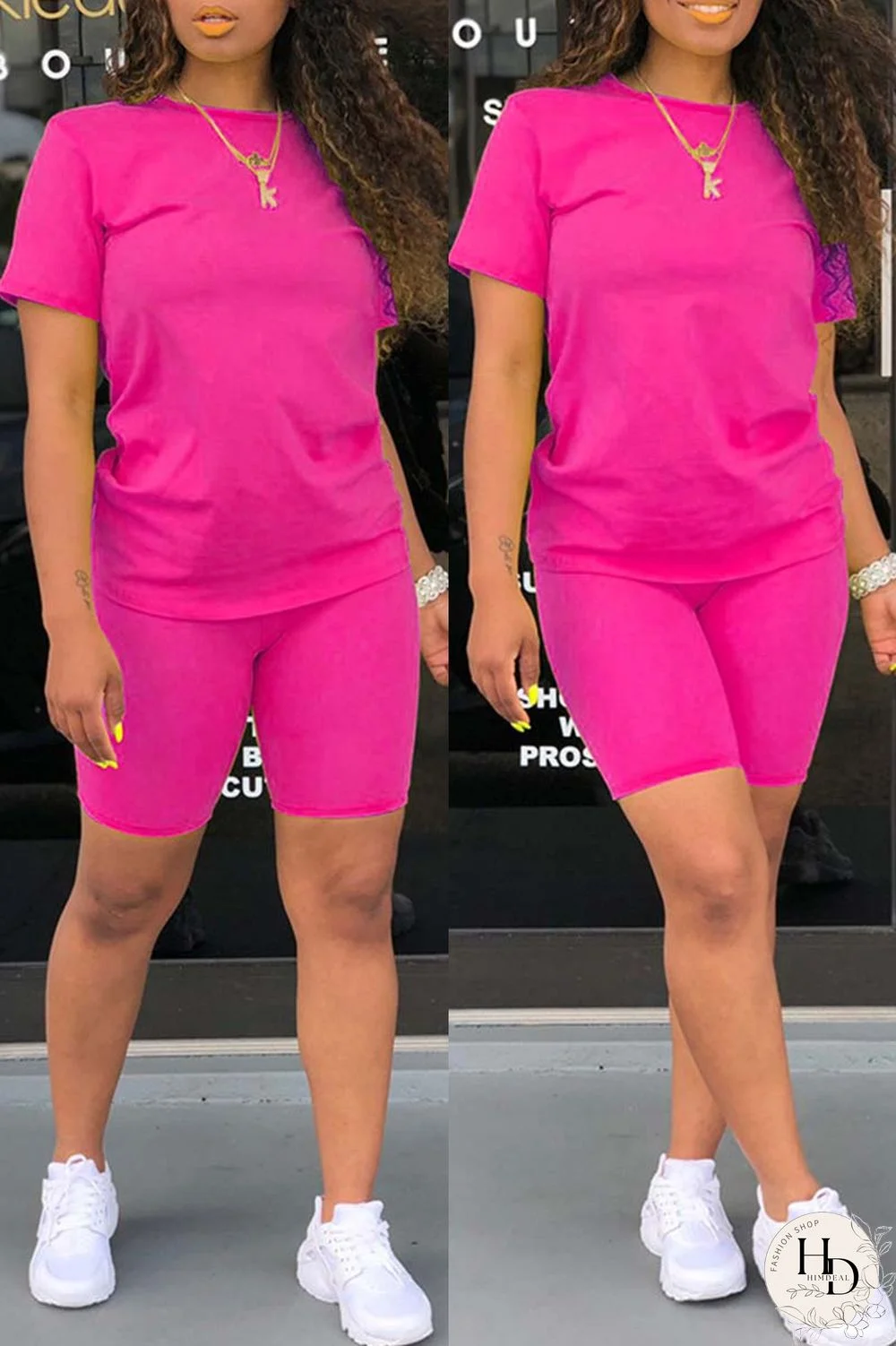 Yellow Casual Solid Basic O Neck Short Sleeve Two Pieces