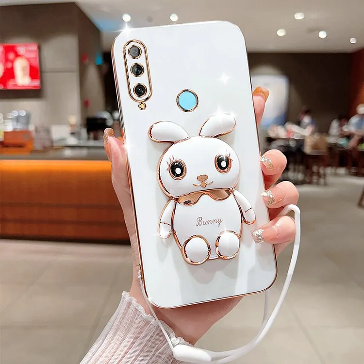 Cute Cartoon Rabbit Fold Stand For Huawei Honor 9X P Smart Z Y9 Prime 2019 Phone Case With Lanyard Luxury Plating Cover
