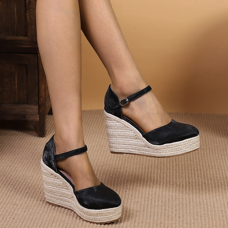 Wongn Wongn And Autumn New Wedge Heel Thick Bottom High Heel Hollow Women's Single Shoes Straw Woven Hemp Rope Bottom