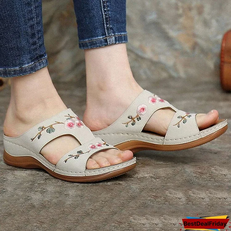 Woman Slippers Vintage Ethnic Flower Platform Flat Shoes Women Comfortable Casual Sandals