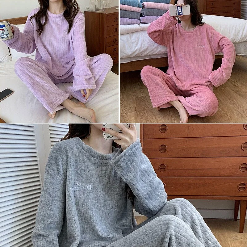 FINETOO 2PCS/Set Winter Warm Flannel Women Pyjamas Sets Plush Velvet Long Sleeve Sleepwear Nightwear Coral Fleece Girls Homewear