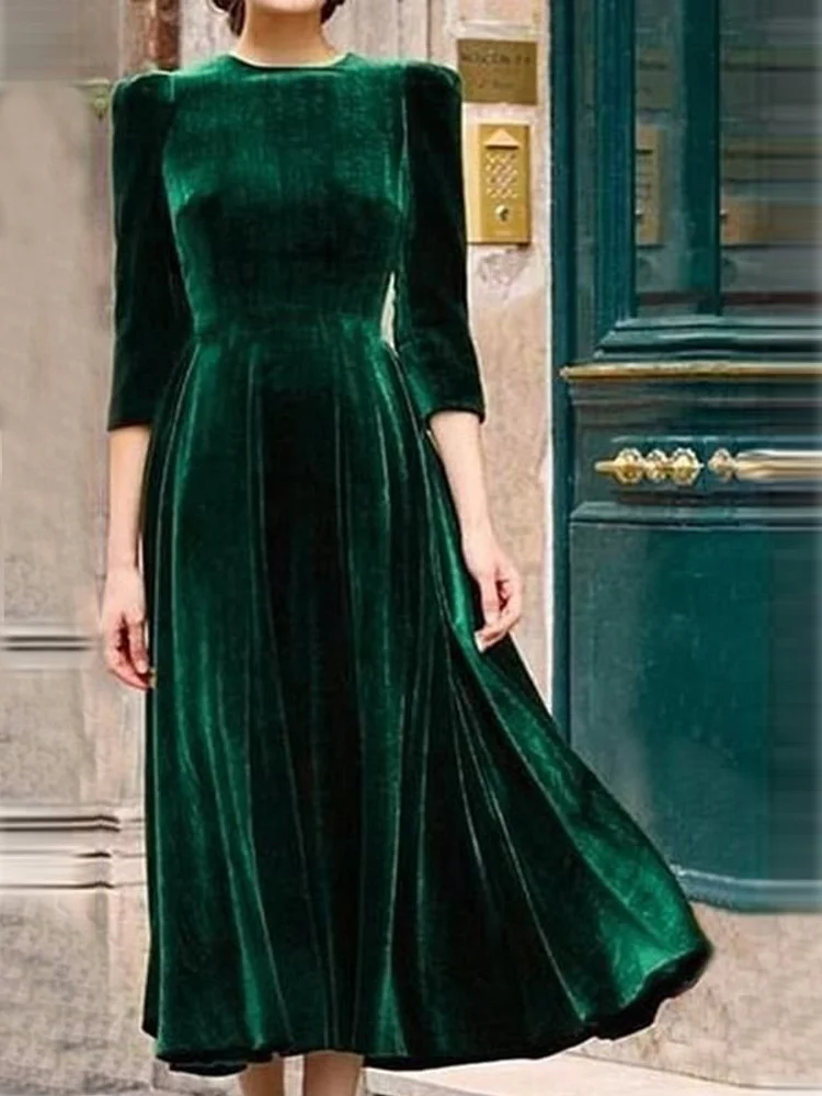 Army Green Vintage Velvet Knitting Dress