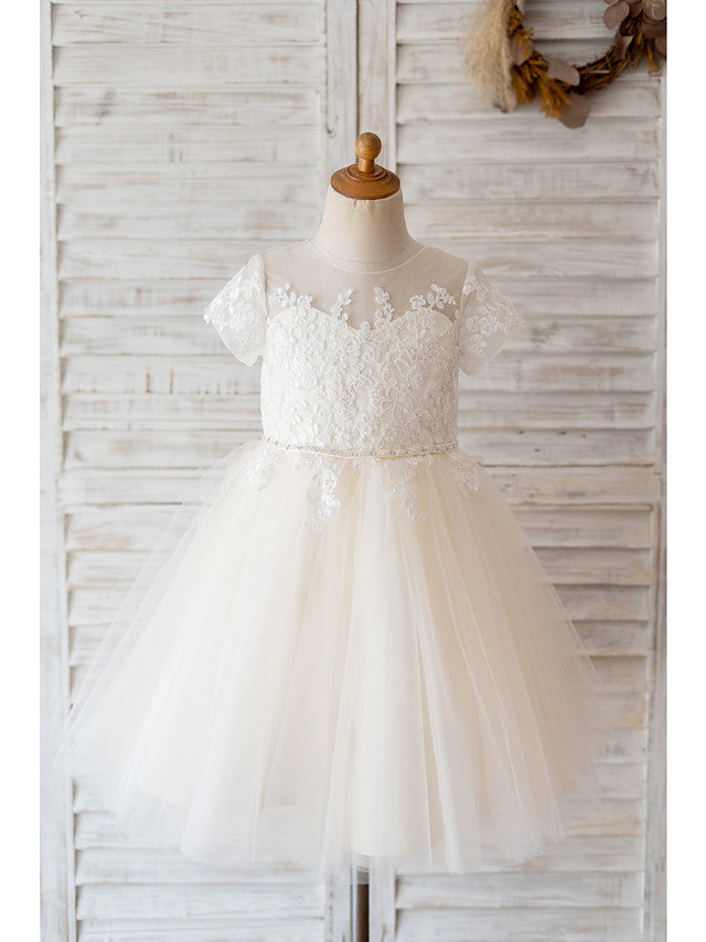 Oknass Ball Gown Short Sleeve Jewel Neck Flower Girl Dress Lace Tulle With Belt  Buttons Beading