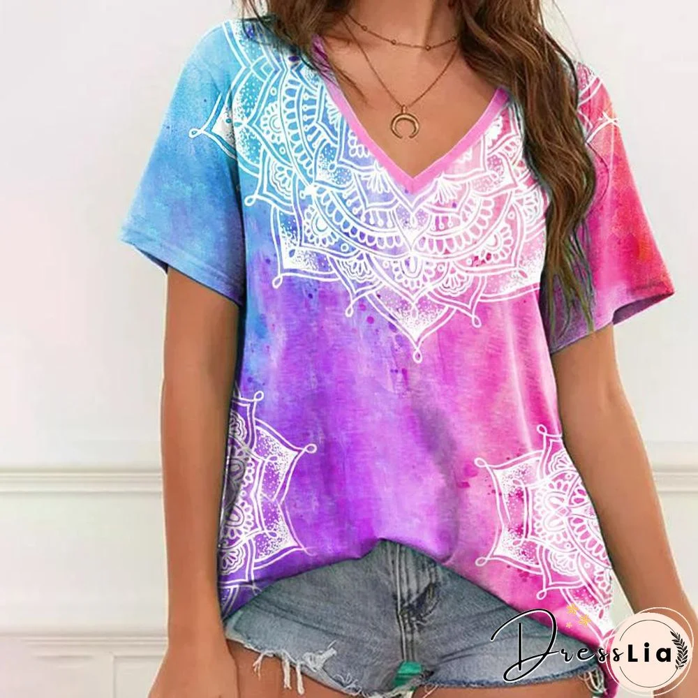 Ship in 24 hoursDye-tie Mandala Graphic Casual Women's T-shirt