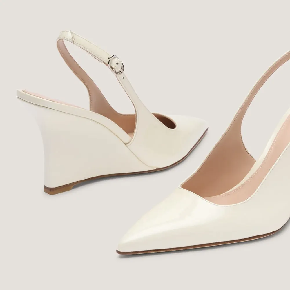 Ivory Patent Leather Pointed Toe Slingback Wedge Heel Pumps for Women