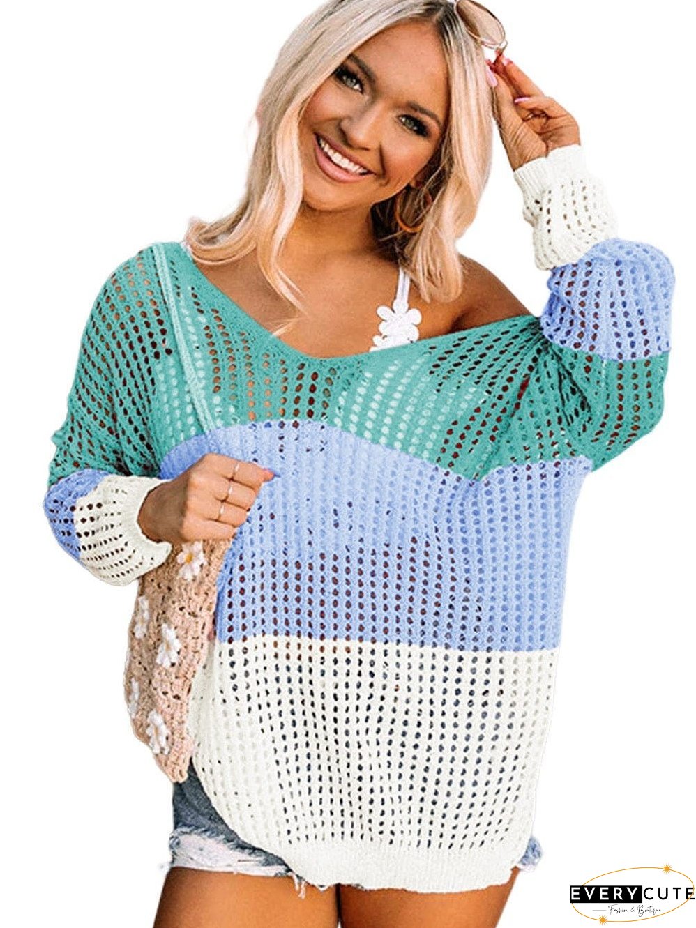 Colorful Eyelet Twist Back Knit Top with Long Sleeves