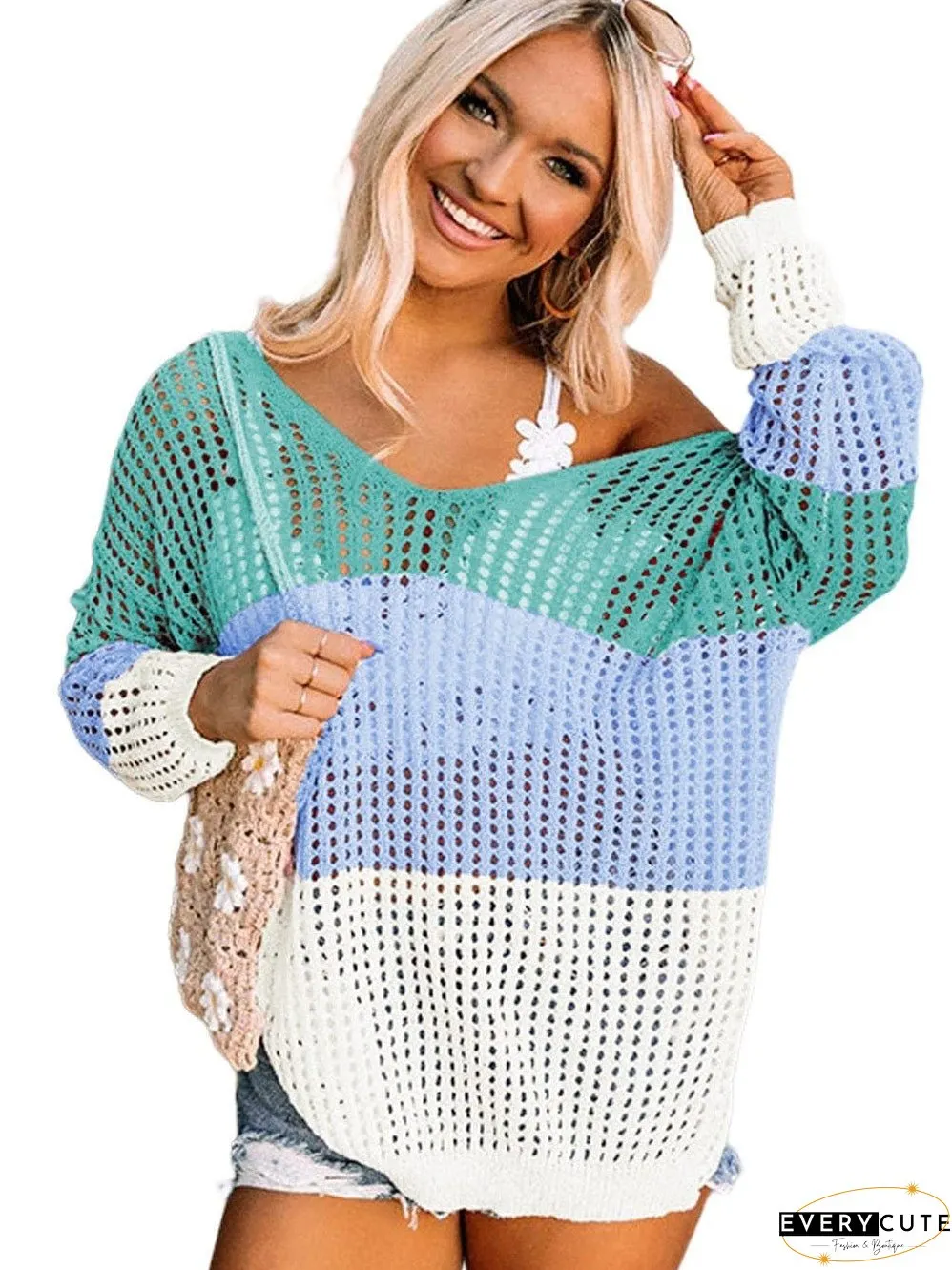 Colorful Eyelet Twist Back Knit Top with Long Sleeves
