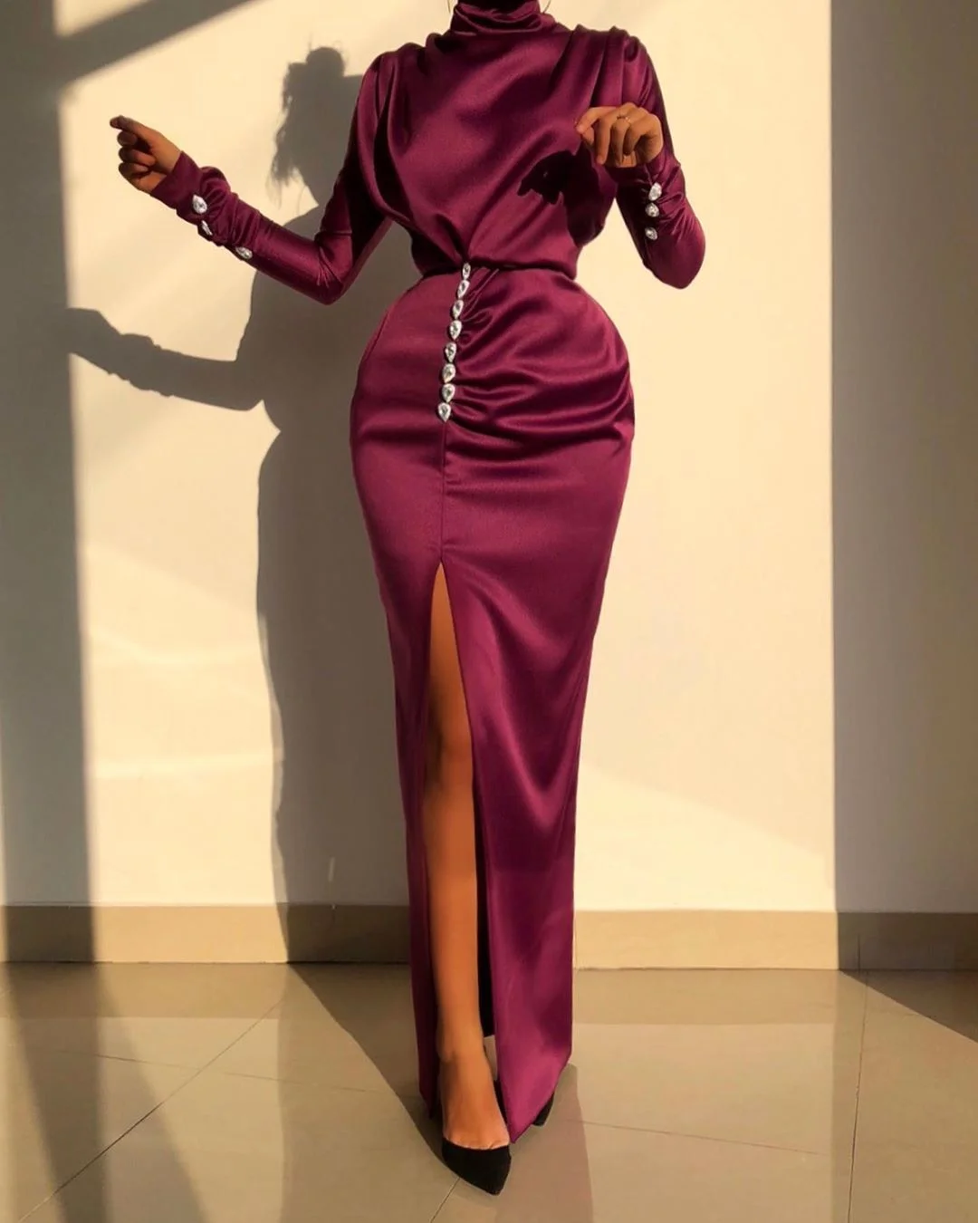 Black Friday Big Sales Women's Long Sleeved Sexy Split Skirt Drop Diamond High Neck High Waist Split Dress