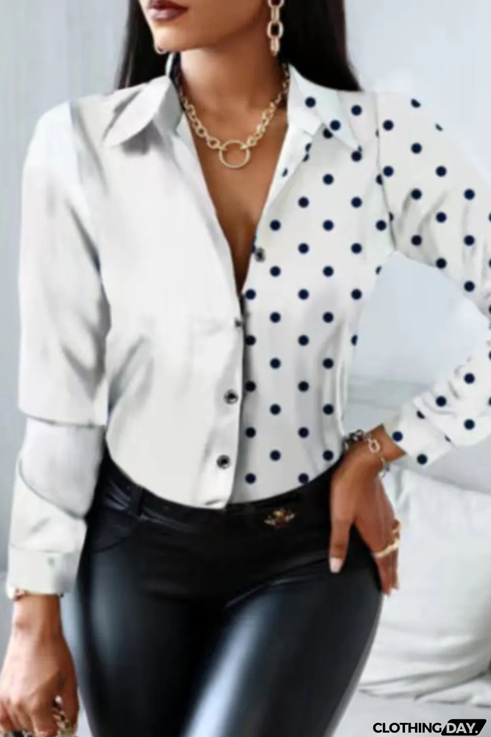 White Fashion Casual Print Patchwork Turndown Collar Tops