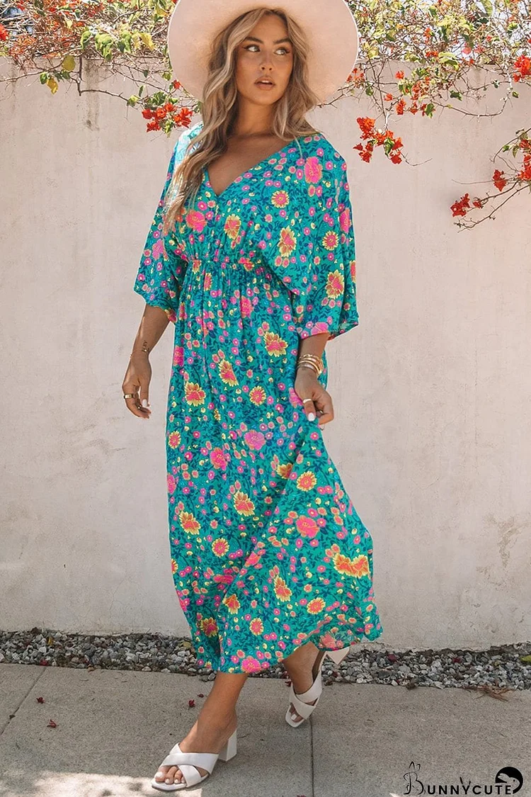 Green Boho Princess Floral Maxi Dress