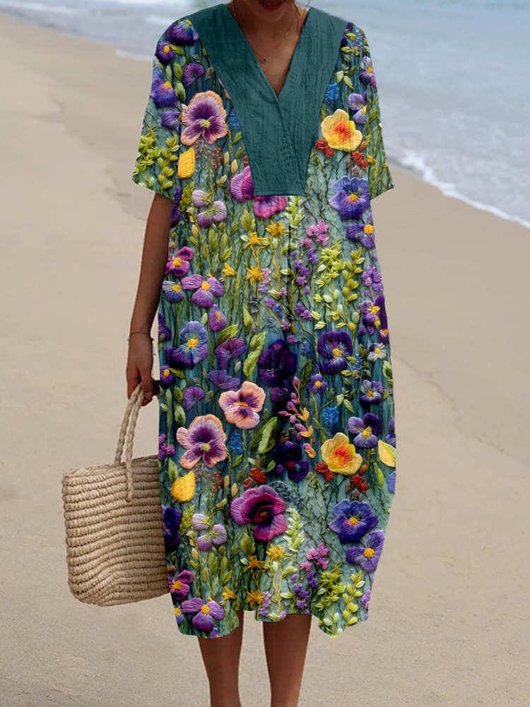 Violet Wildflower Embroidered Linen Blend Midi Dress artswardrobe