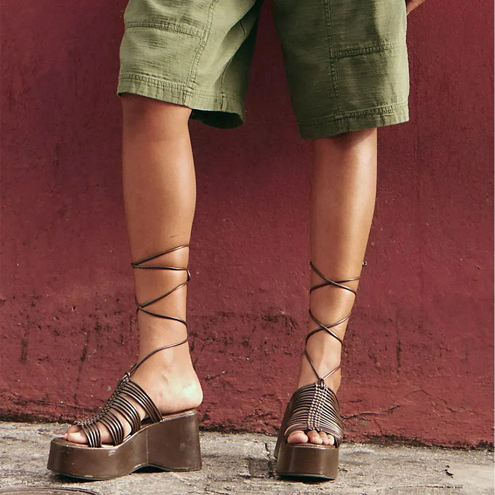 Brown Faux Leather Round Toe Wedge Heel Strappy Lace Up Platform Sandals