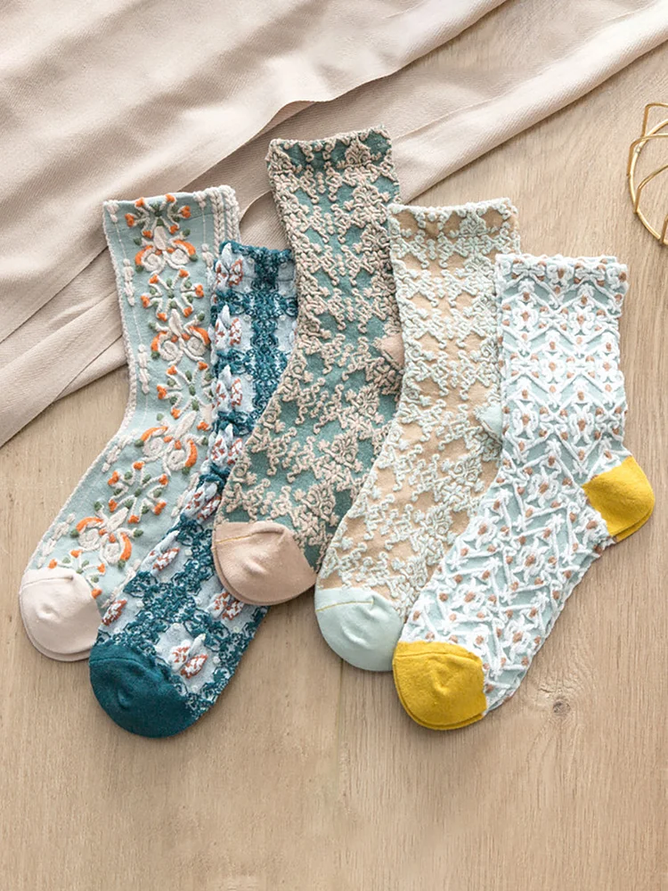 5 Pairs Pure Cotton Floral Casual Women Socks