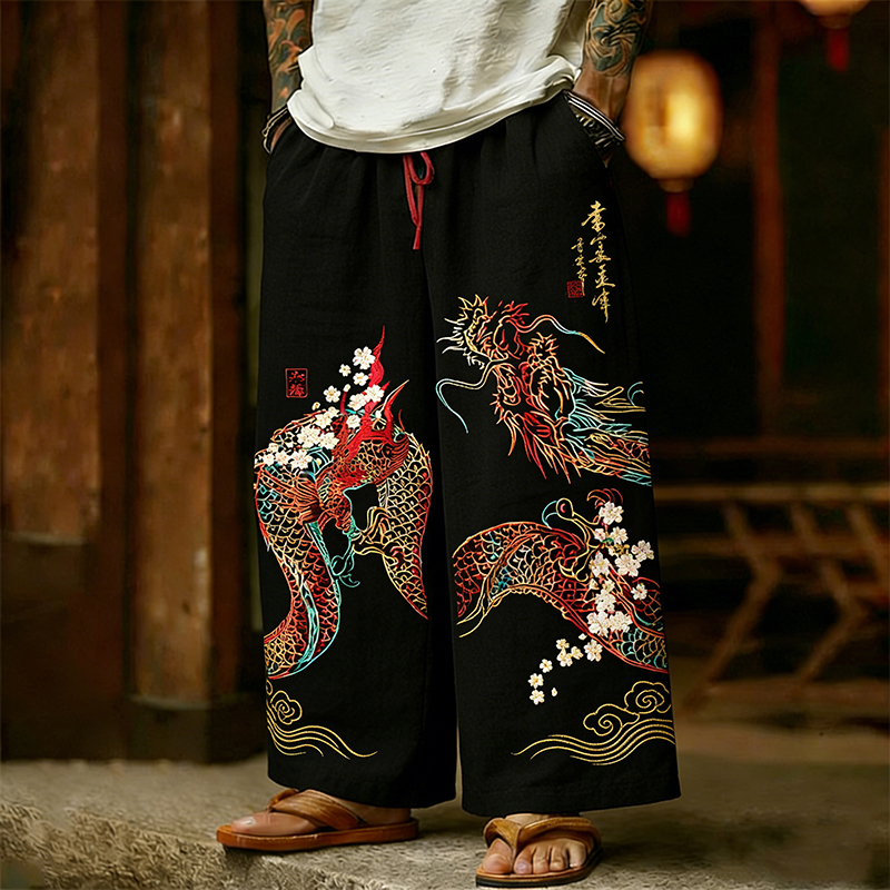 Men's Japanese Dragon And Cherry Blossoms Art Wide Leg Linen Pants  artssus