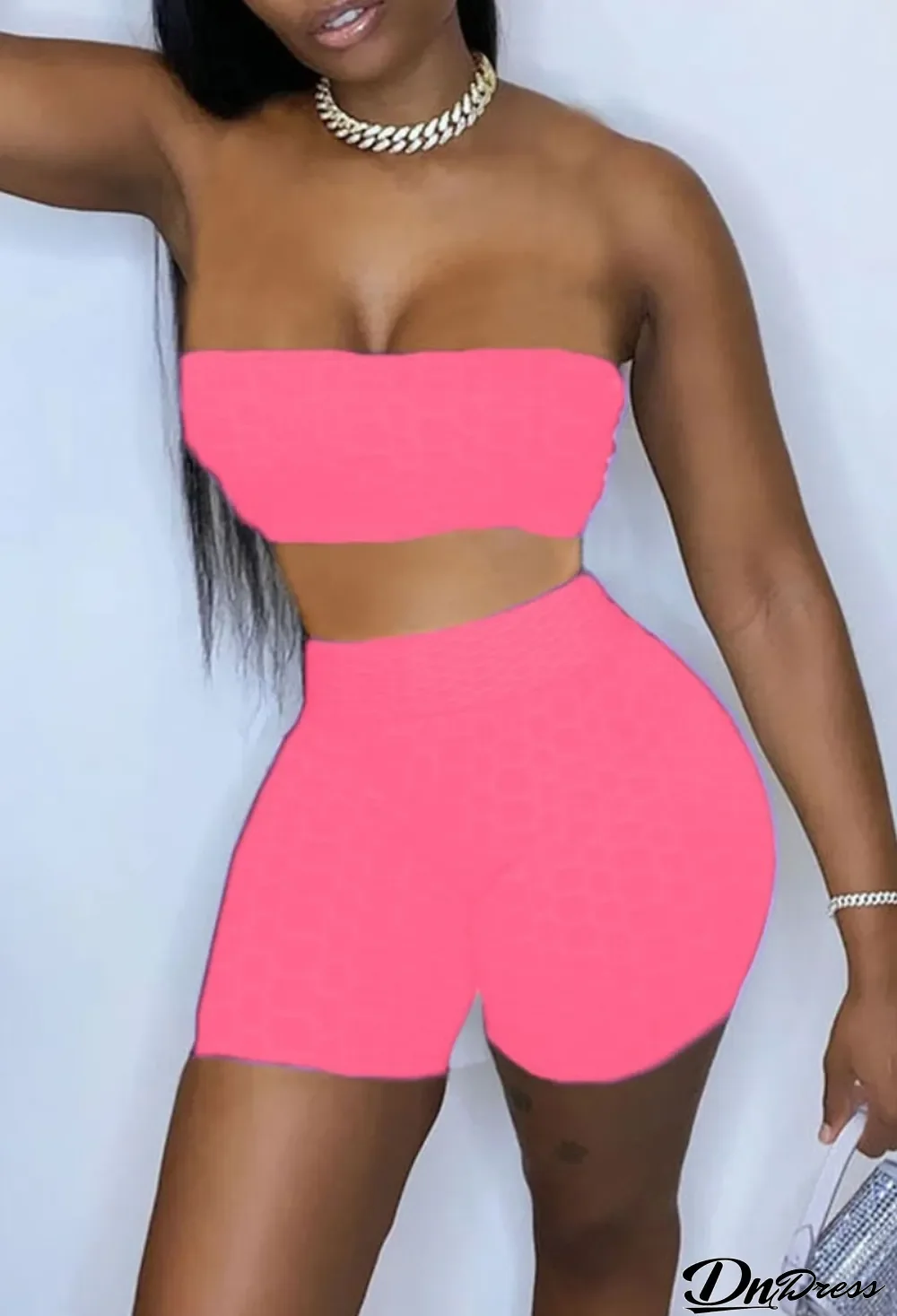 Summer Pink Waffle Sexy Bandeau Top and Biker Shorts 2PC Matching Set