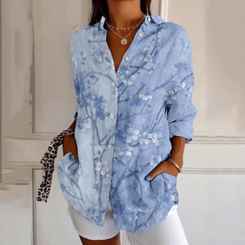 Women's Vintage Floral Contrast Art Print Casual Linen Shirt