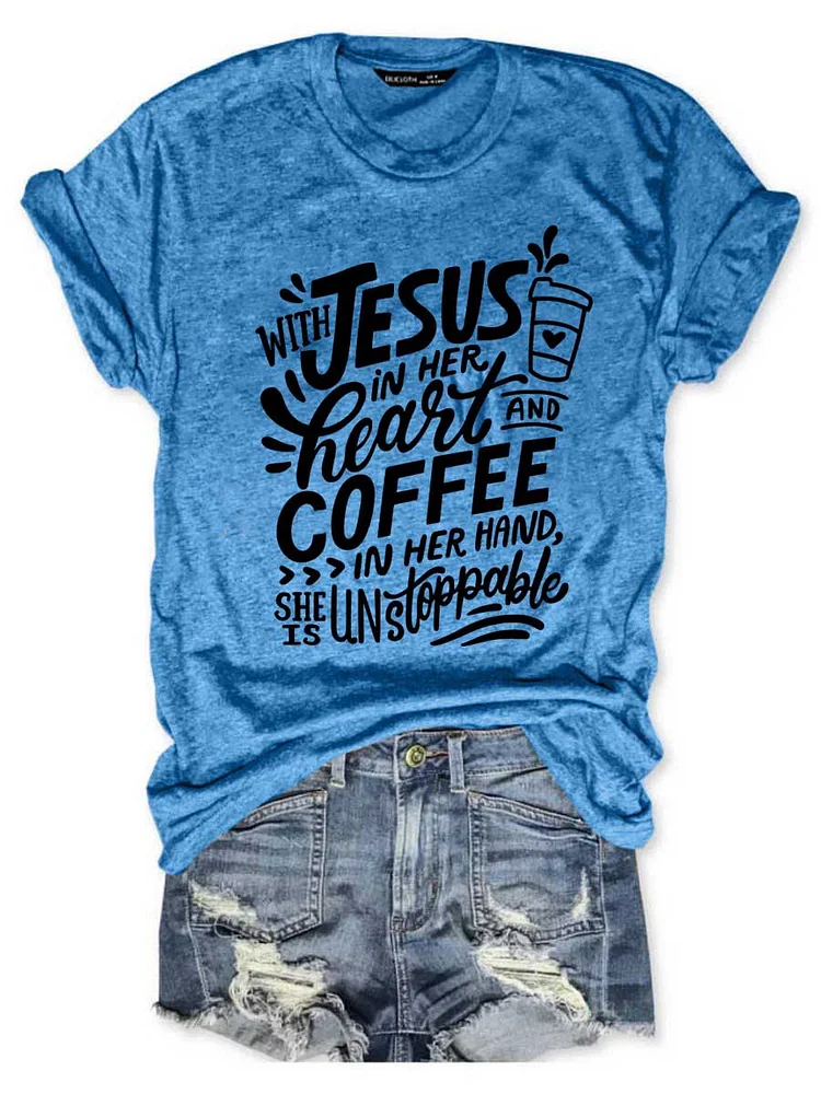 Bestdealfriday With Jesus In Her Heart And Coffee In Her Hand Graphic Short Sleeve Round Neck Loose Tee