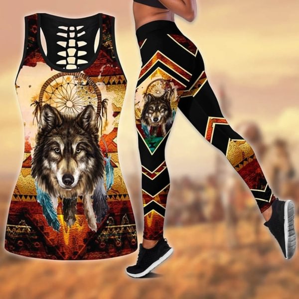 Wolf Native American 3D All Over Printed Legging + Hollow Tank Combo Hollow vest/leggings 3d all ove prined yoga suit ladies fashion women gym sexy girl sportswear - Shop Trendy Women's Fashion | TeeYours