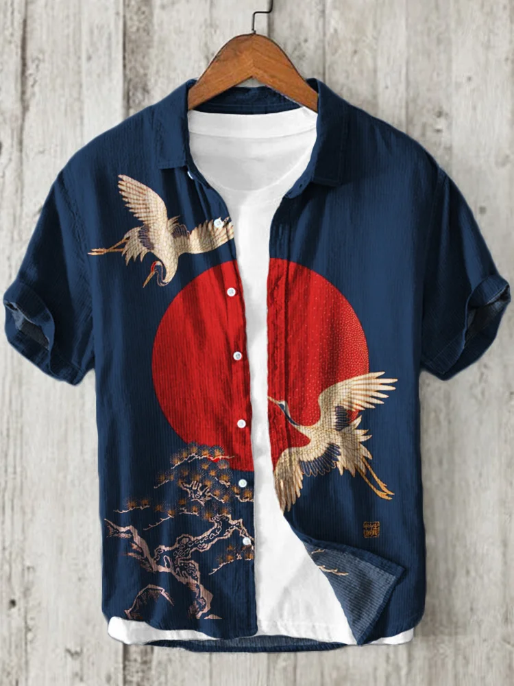 Men's Cranes & Pine Trees Sunrise Japanese Linen Blend Shirt
