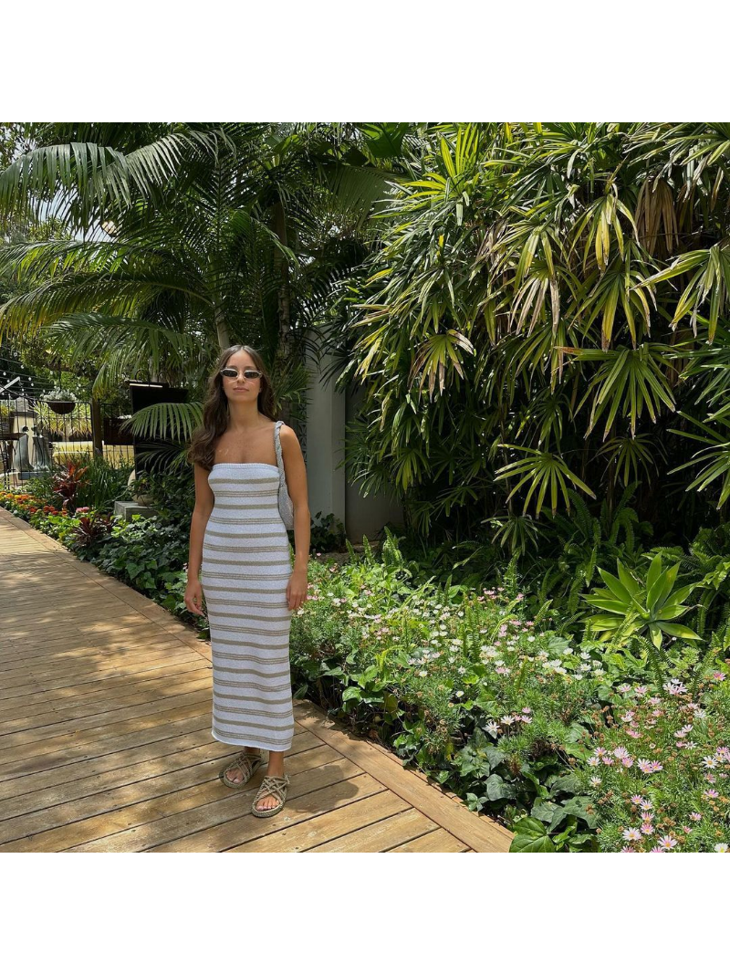 Ootddress Backless Contrast For Women Dress Slim Holiday Beach Striped High Waist Off-Shoulder Maxi Dress Skinny Casual Long Dress