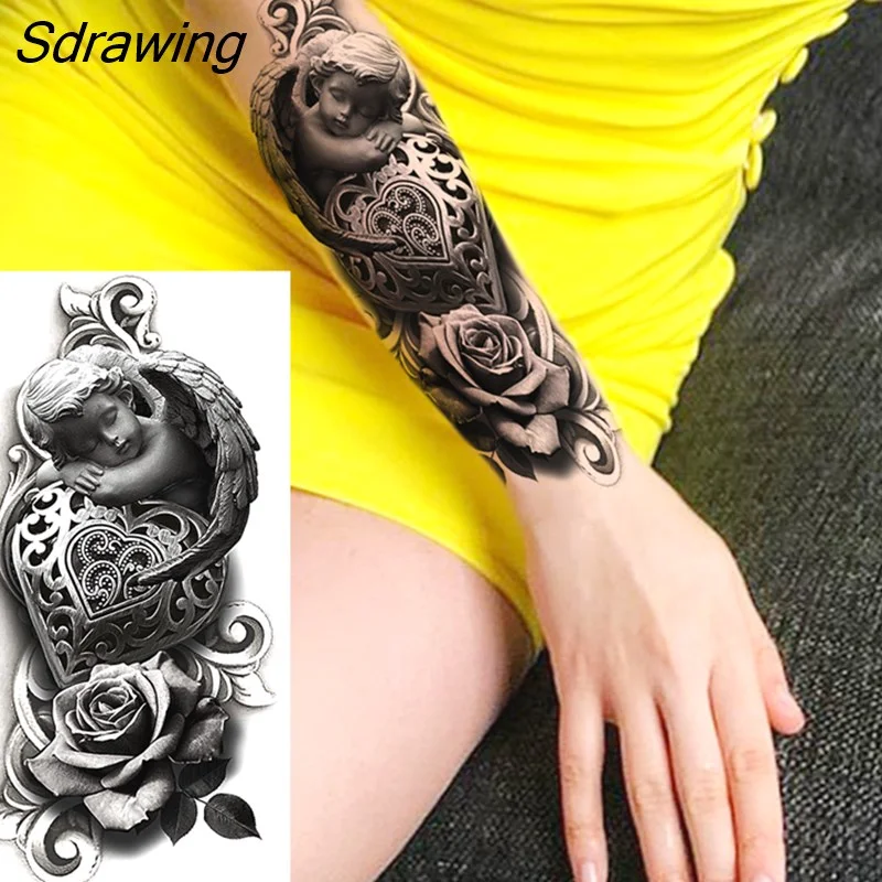 Sdrawing Warrior Punk Skeleton Gangster Rose Flower Temporary Tattoos For Women Men Lion Tiger Skull Rose Fake Tattoo Sexy Arm