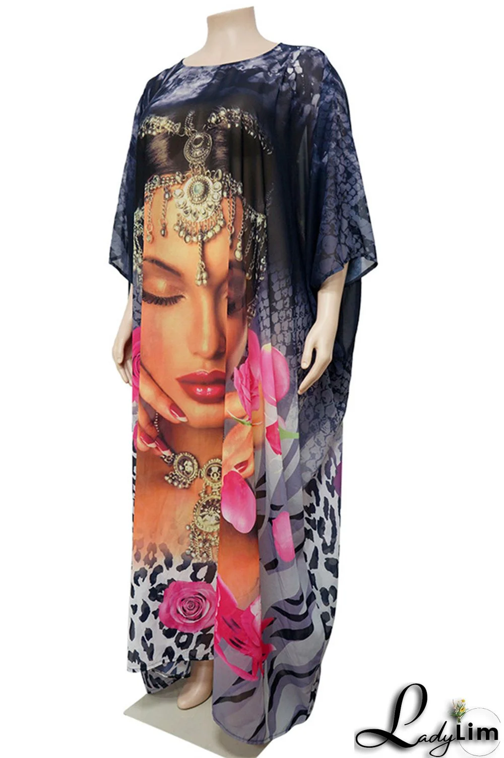 Rose Red Fashion Casual Print Basic O Neck Long Sleeve Plus Size Dresses