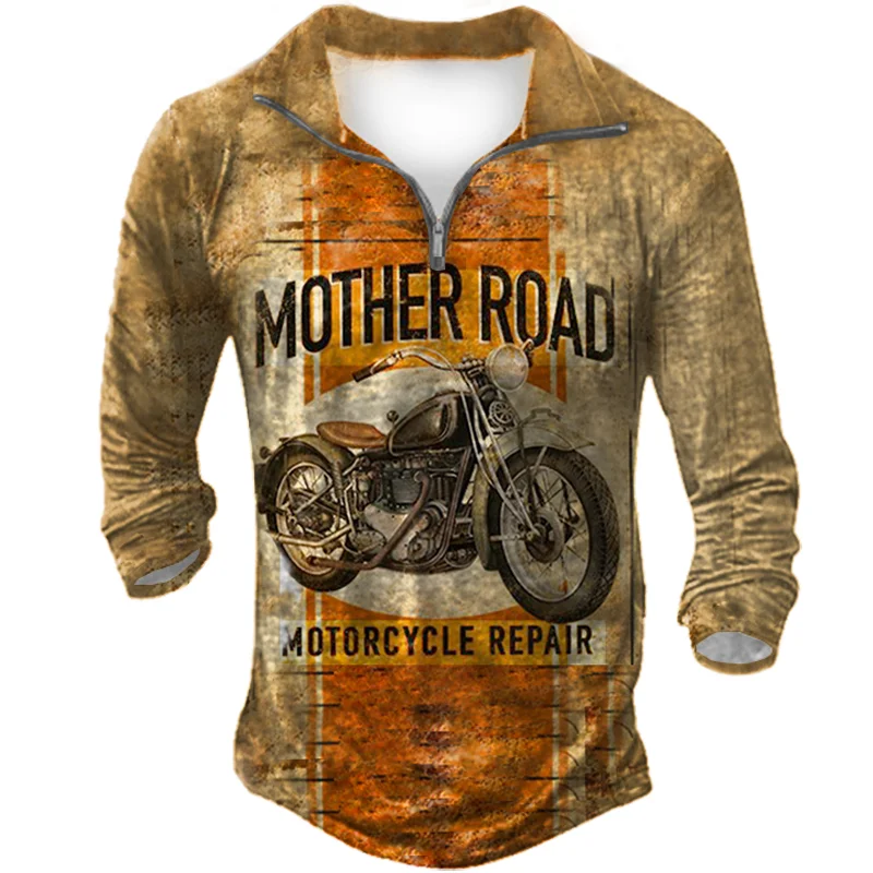 Mother Road Old Rider Men's PVintage Zipper Long Sleeve Polo Shirt / [viawink] /