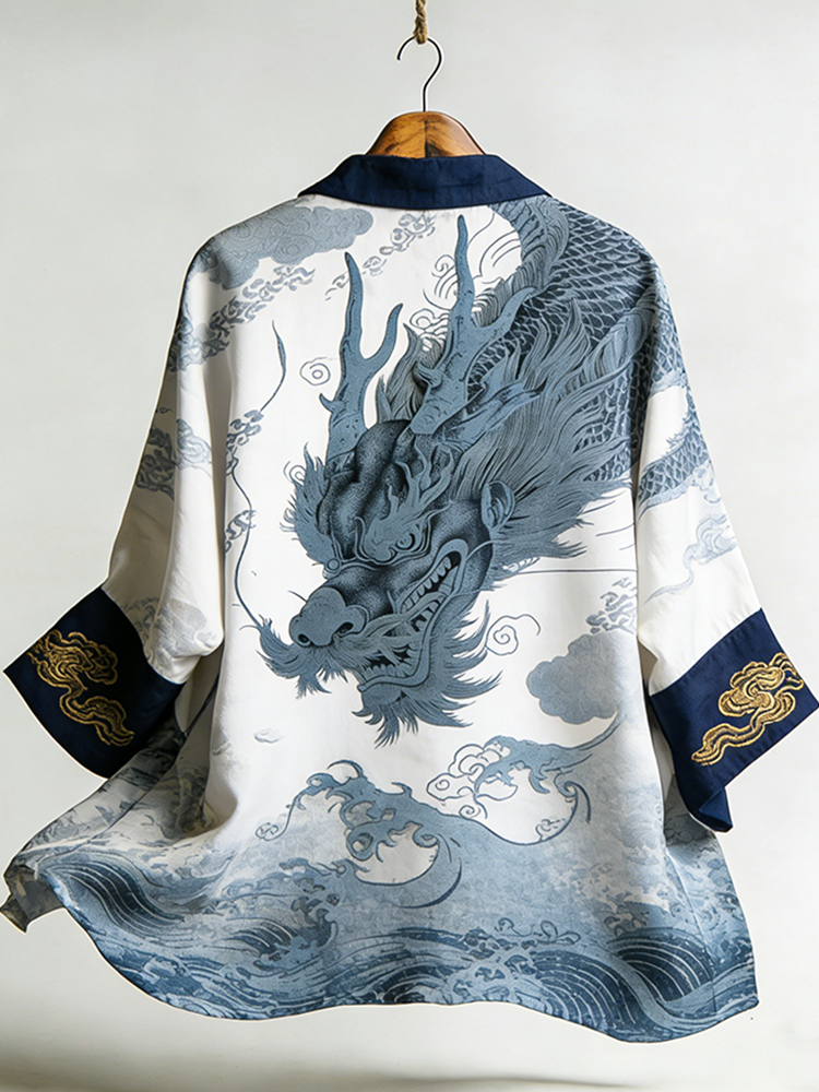 Japanese Art Retro Dragon Pattern Men's Casual Linen Kimono  artssus