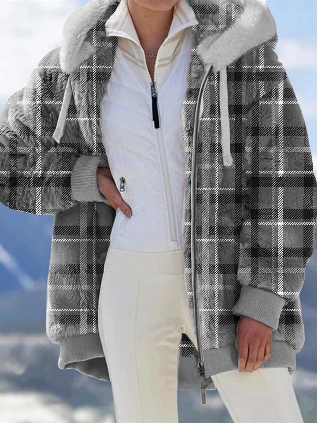 Women Long Sleeve Hooded Cardigan Plaid Coats