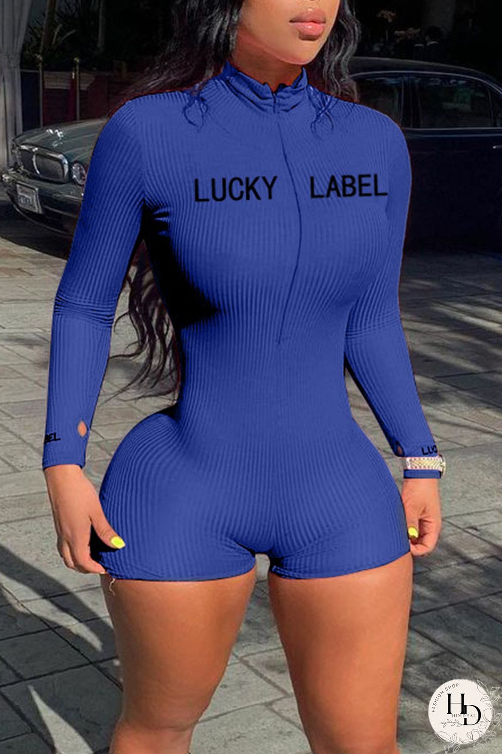 Royal Blue Casual Letter Print Split Joint Zipper Zipper Collar Skinny Jumpsuits