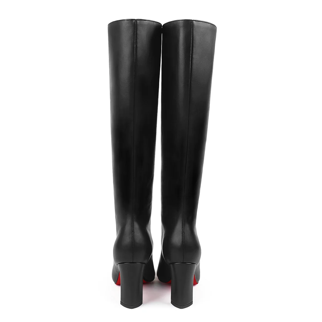 85mm Women's Pointed Toe Thick Heel Boots Knee High Red Bottom Boots-MERUMOTE