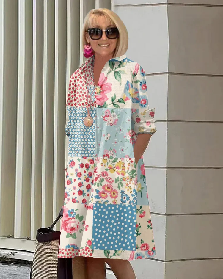 Vintage Floral Long Sleeve Pocket Shirt Dress