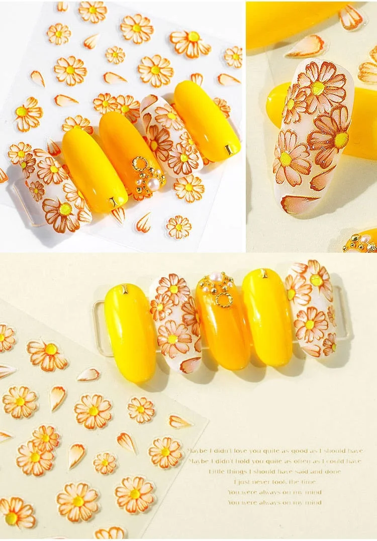 Nail Stickers Embossed 5D Flowers Leafs Designs Back Glue Nail Decals Decoration Tips For Beauty Salons-Nail Inspo