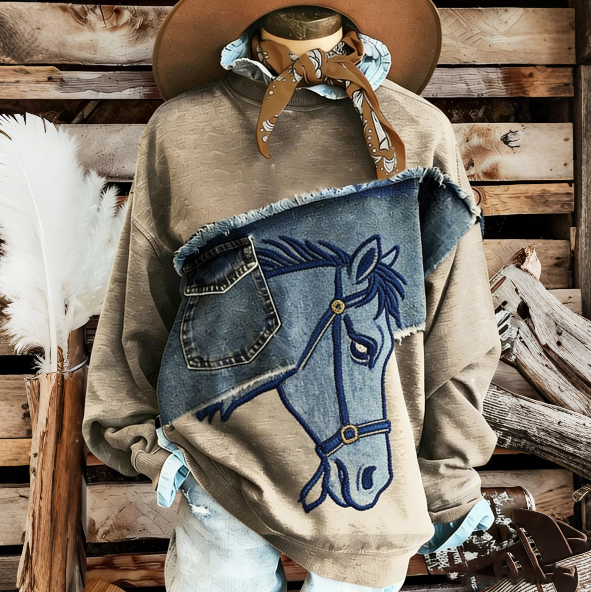 Women's Retro Patchwork Pony Denim Graphic Crew Neck Sweatshirt wearshes