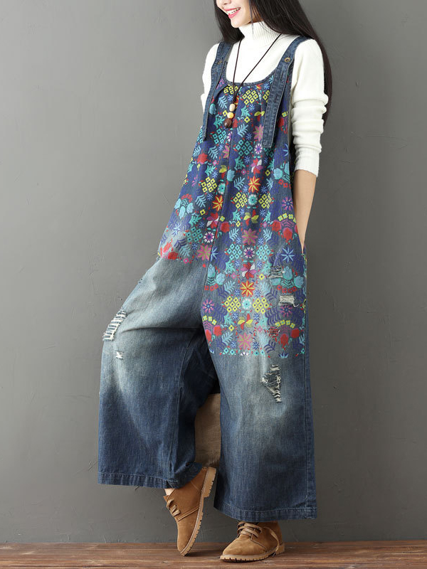 Printed Denim Wide-Legged Belt Pants