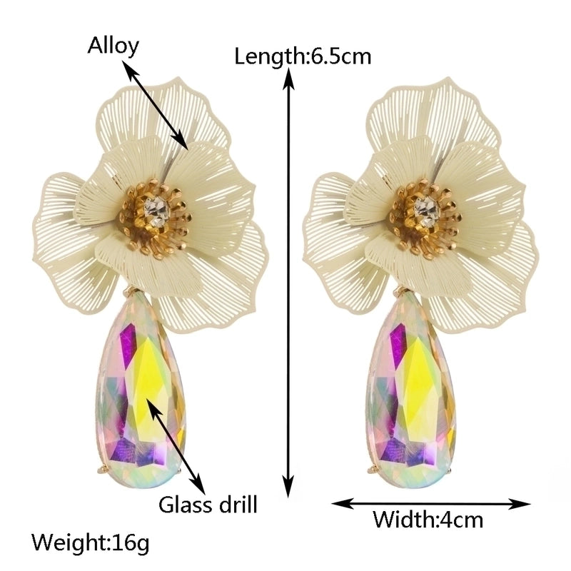 1 Pair Casual Vacation Classic Style Water Droplets Flower Inlay Alloy Rhinestones Glass Silver Plated Drop Earrings
