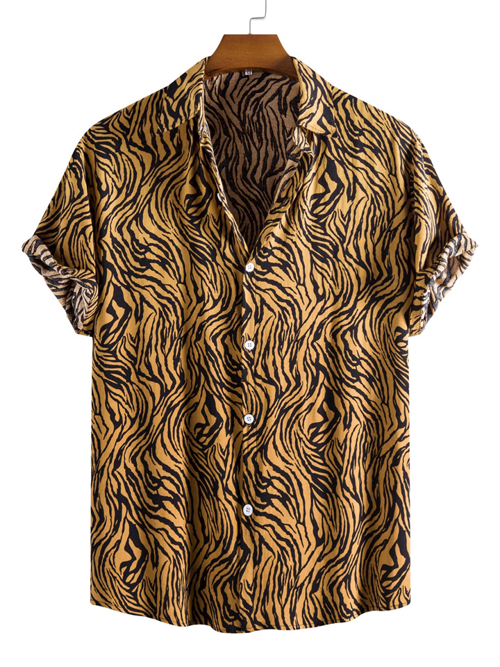 Men's Fashion Casual Leopard Print Short Sleeve Shirt Yellow Green Black