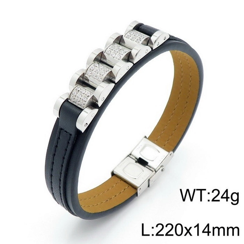Hip-Hop Retro Color Block Pu Leather Titanium Steel Chain 18K Gold Plated Men’s Bangle